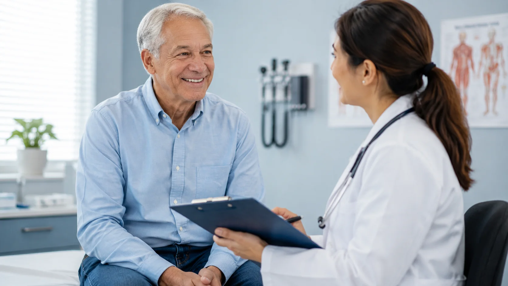Older Medicare patient speaking with a doctor during a wellness visit in a medical exam room.