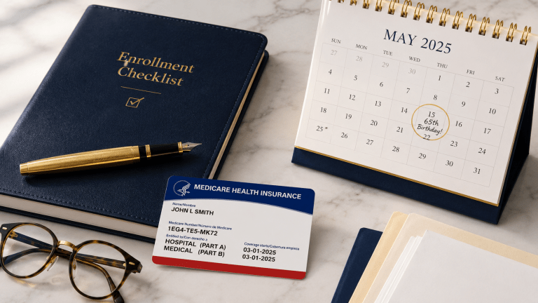 Step-by-step guide to enrolling in Medicare for the first time with Medicare card, calendar, and enrollment checklist