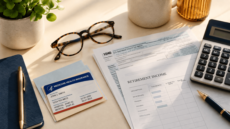 Medicare card, calculator, and tax documents representing the IRMAA surcharge on Medicare premiums