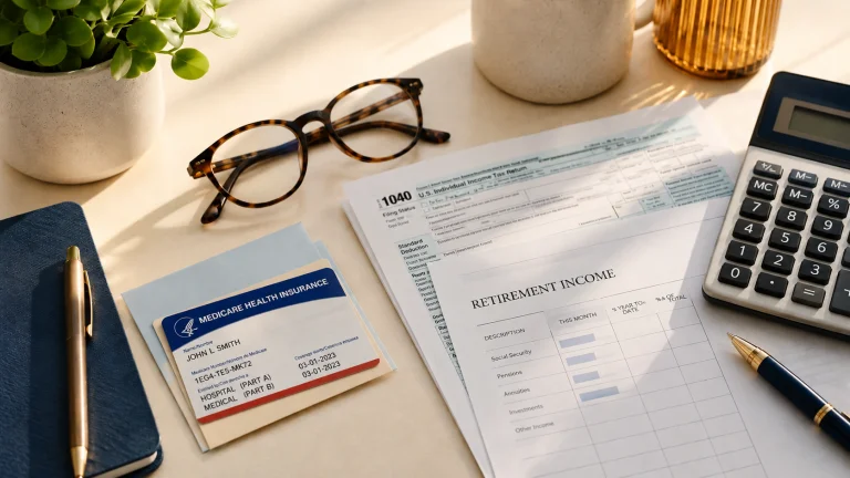 Medicare card, calculator, and tax documents representing the IRMAA surcharge on Medicare premiums