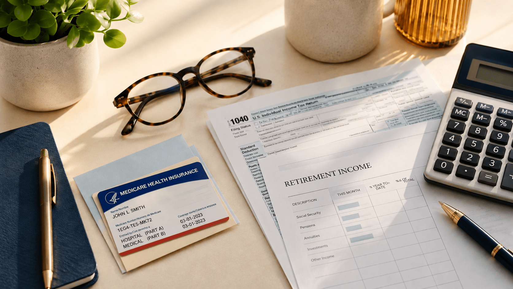 Medicare card, calculator, and tax documents representing the IRMAA surcharge on Medicare premiums