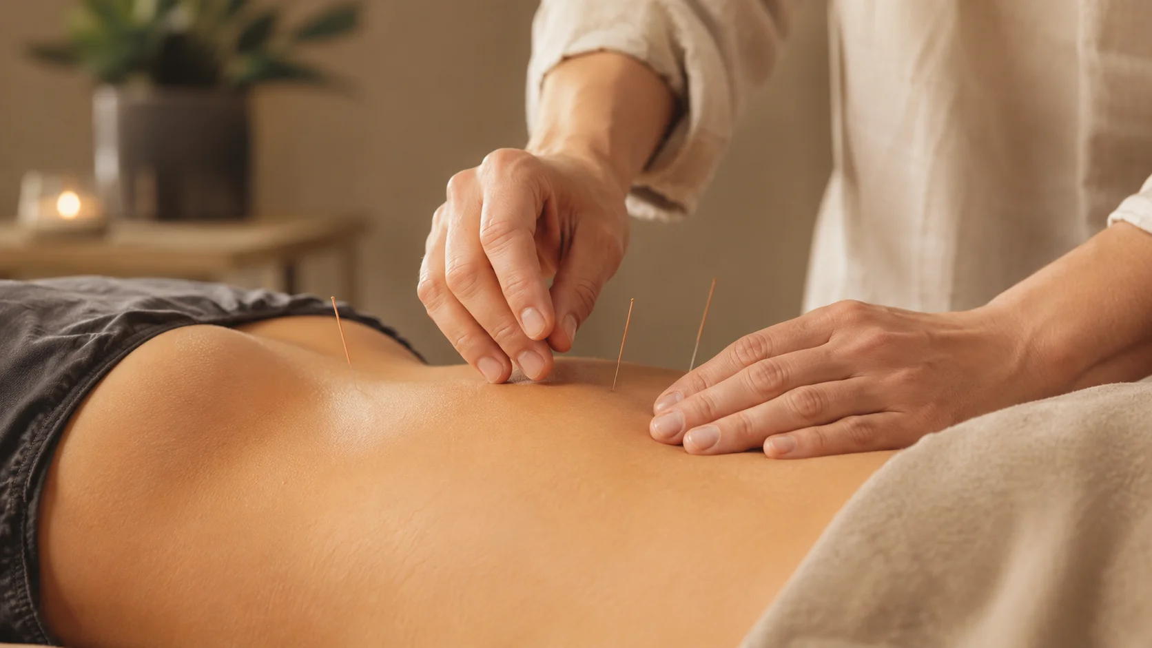 acupuncture treatment scene showing acupuncture needles placed on a patient’s lower back, representing Medicare coverage for chronic low back pain.
