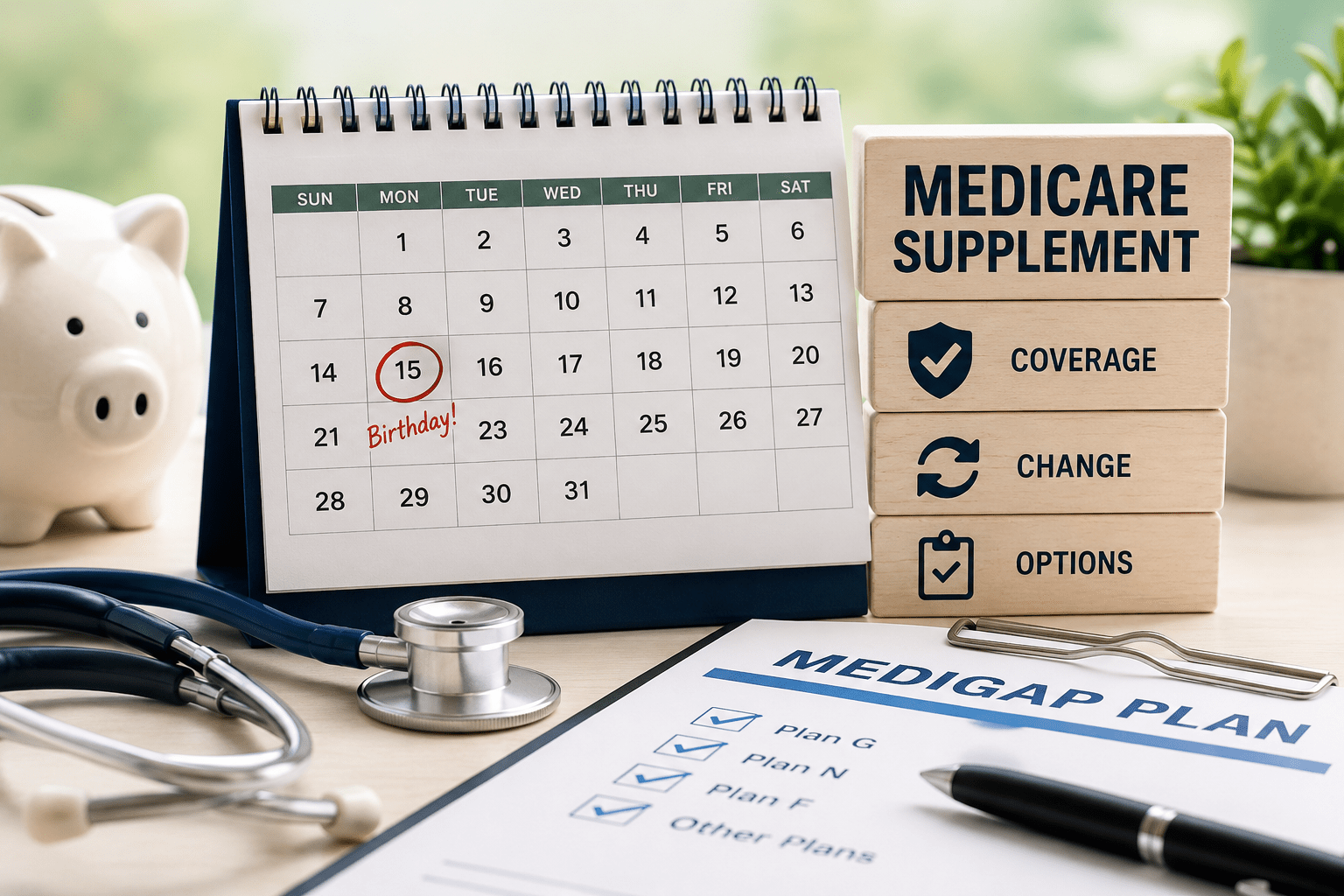Calendar marking a birthday next to Medicare Supplement plan documents illustrating state Medicare Birthday Rule protections and Medigap plan switching options.