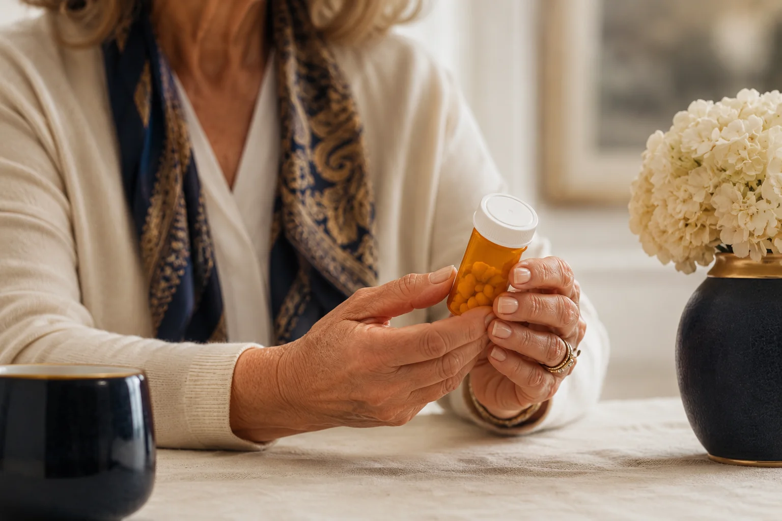 Hands holding a prescription pill bottle representing Medicare Extra Help coverage for Eliquis