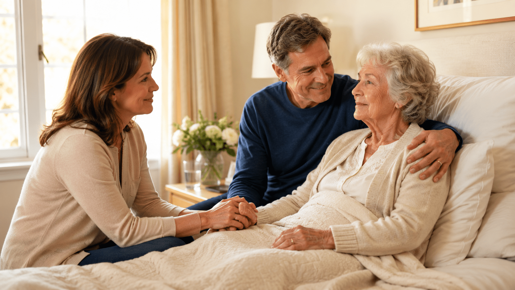 Adult children comforting their elderly mother during Medicare hospice care at home in a peaceful bedroom.