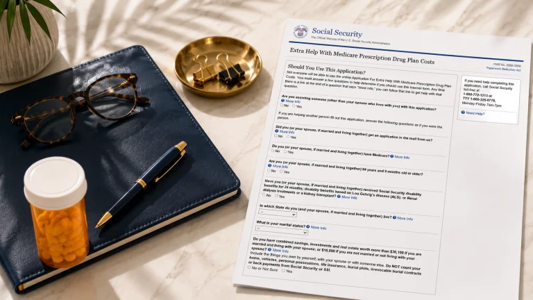 Prescription drug cost assistance planning materials on a desk representing the Medicare Part D Extra Help Program in Florida for 2026.