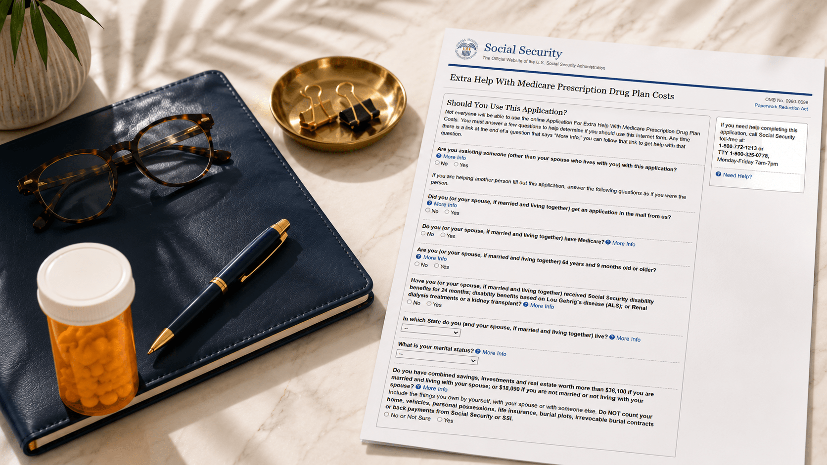 Prescription drug cost assistance planning materials on a desk representing the Medicare Part D Extra Help Program in Florida for 2026.