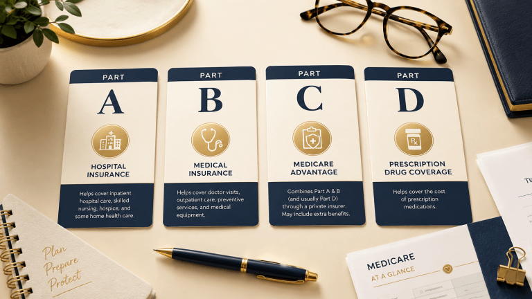 Medicare Parts A, B, C, and D explained with labeled cards on a clean educational desktop