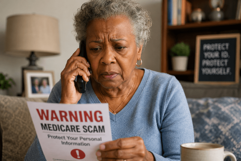 Senior woman receiving a Medicare scam warning phone call at home — RobinsWisdom