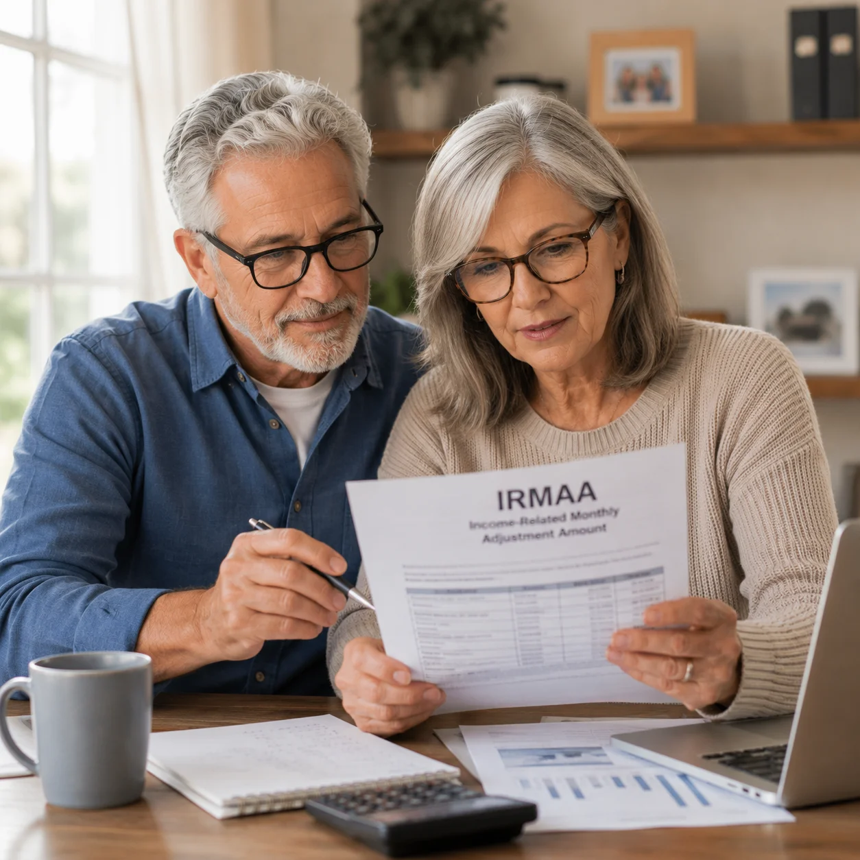 Couple reviewing IRMAA and Medicare premium documents