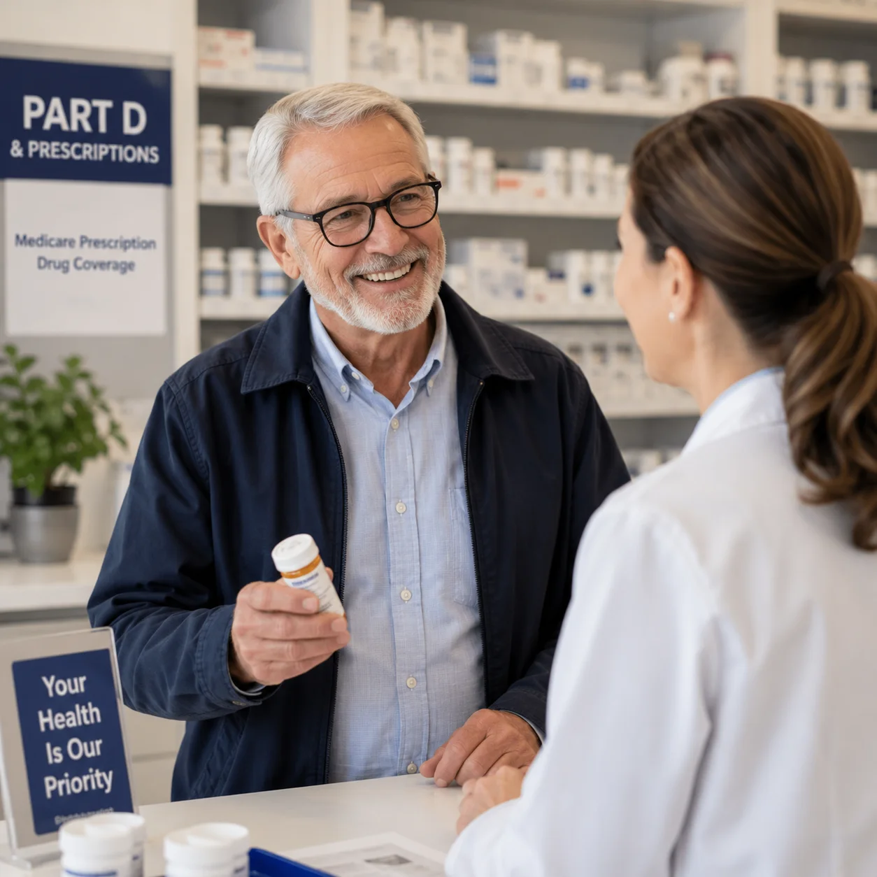 Man discussing Medicare Part D coverage at a pharmacy