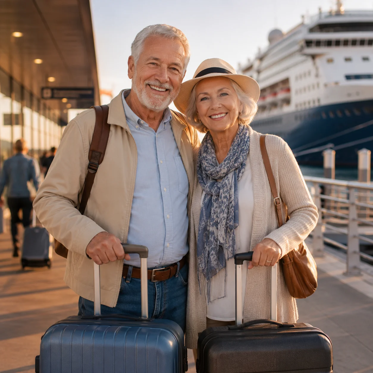 Senior couple traveling and reviewing Medicare coverage