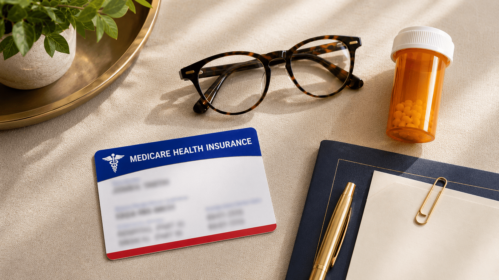 desktop scene with prescription bottle, reading glasses, and Medicare-style paperwork representing Medicare Part D prescription drug coverage.
