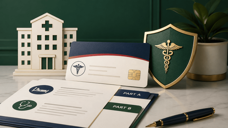 Featured image for an Original Medicare article showing a Medicare-style card, Part A and Part B coverage documents, a hospital icon, and a protection shield on a clean desk with no people.