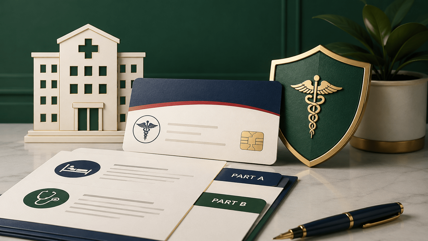 Featured image for an Original Medicare article showing a Medicare-style card, Part A and Part B coverage documents, a hospital icon, and a protection shield on a clean desk with no people.
