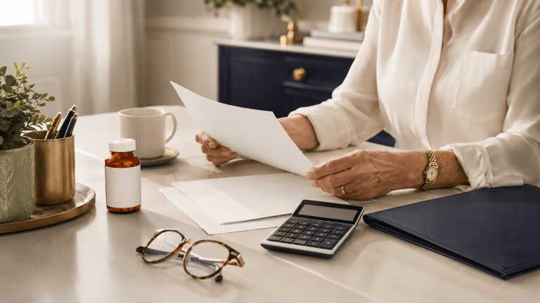 Older woman reviewing prescription paperwork with a calculator and medication bottle while comparing Medicare Part D costs for 2027.