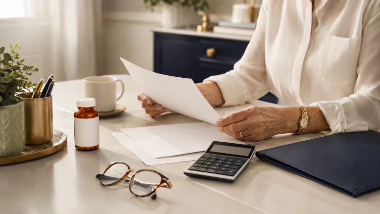 Older woman reviewing prescription paperwork with a calculator and medication bottle while comparing Medicare Part D costs for 2027.