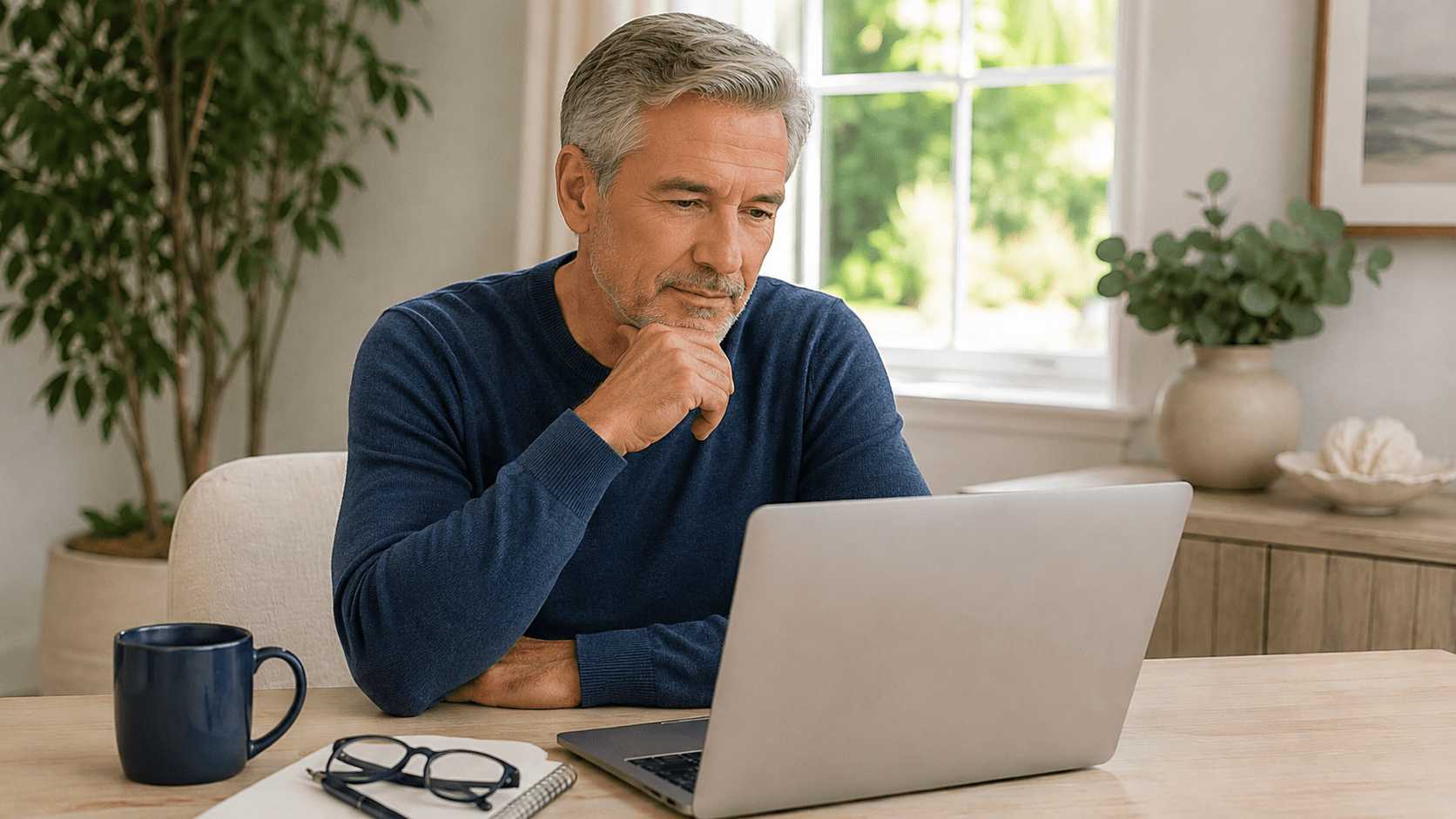 Man reviewing Medicare Supplement plan options on a laptop before deciding whether to switch Medigap coverage.