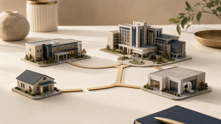 Miniature doctor’s office disconnected from a Medicare Advantage provider network of clinics, hospitals, and outpatient facilities