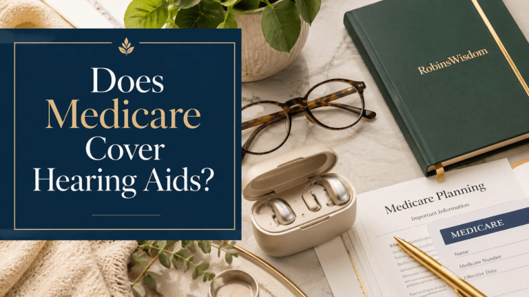 Hearing aids, notebook, and Medicare planning paperwork on a desk for an article explaining whether Medicare covers hearing aids.