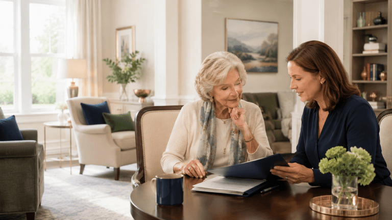 Older woman reviewing assisted living and Medicare coverage information with a trusted advisor in a comfortable senior living community.