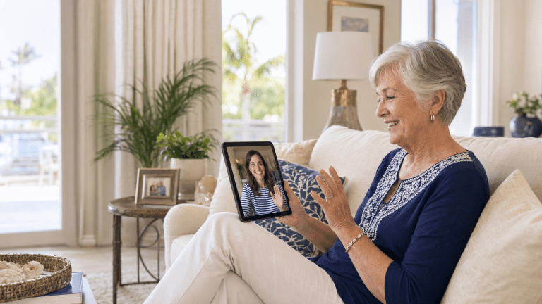 Older mother in Florida video calling her adult daughter who lives far away