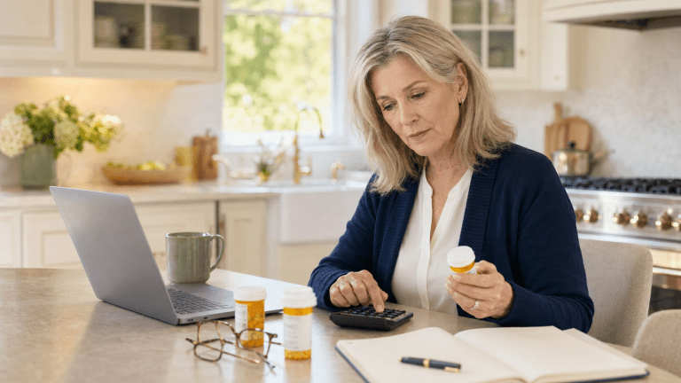 Woman comparing Medicare Part D prescription costs, medications, and total yearly expenses