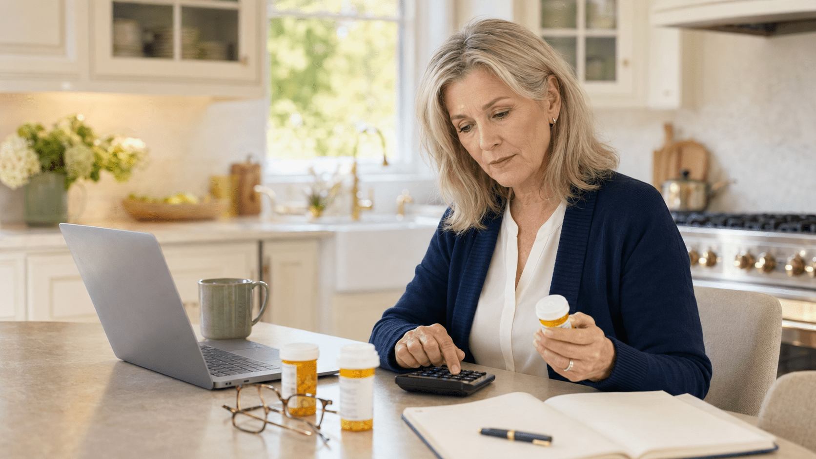 Woman comparing Medicare Part D prescription costs, medications, and total yearly expenses