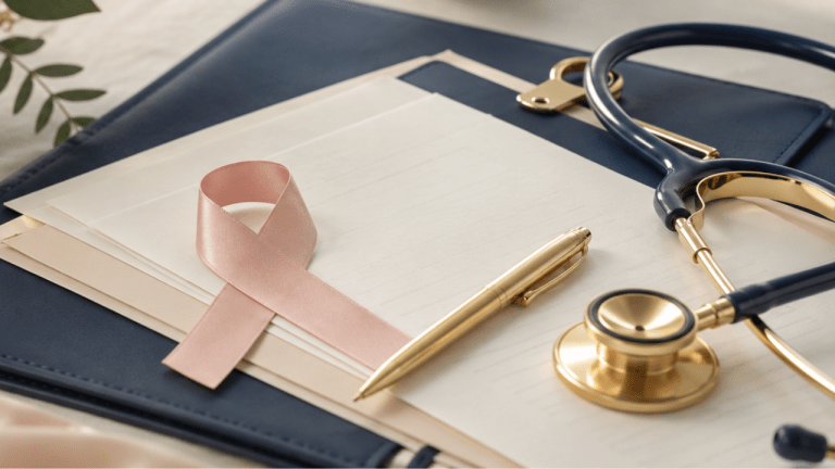 Pink cancer awareness ribbon, insurance documents, gold pen, and stethoscope representing cancer indemnity insurance and healthcare planning.