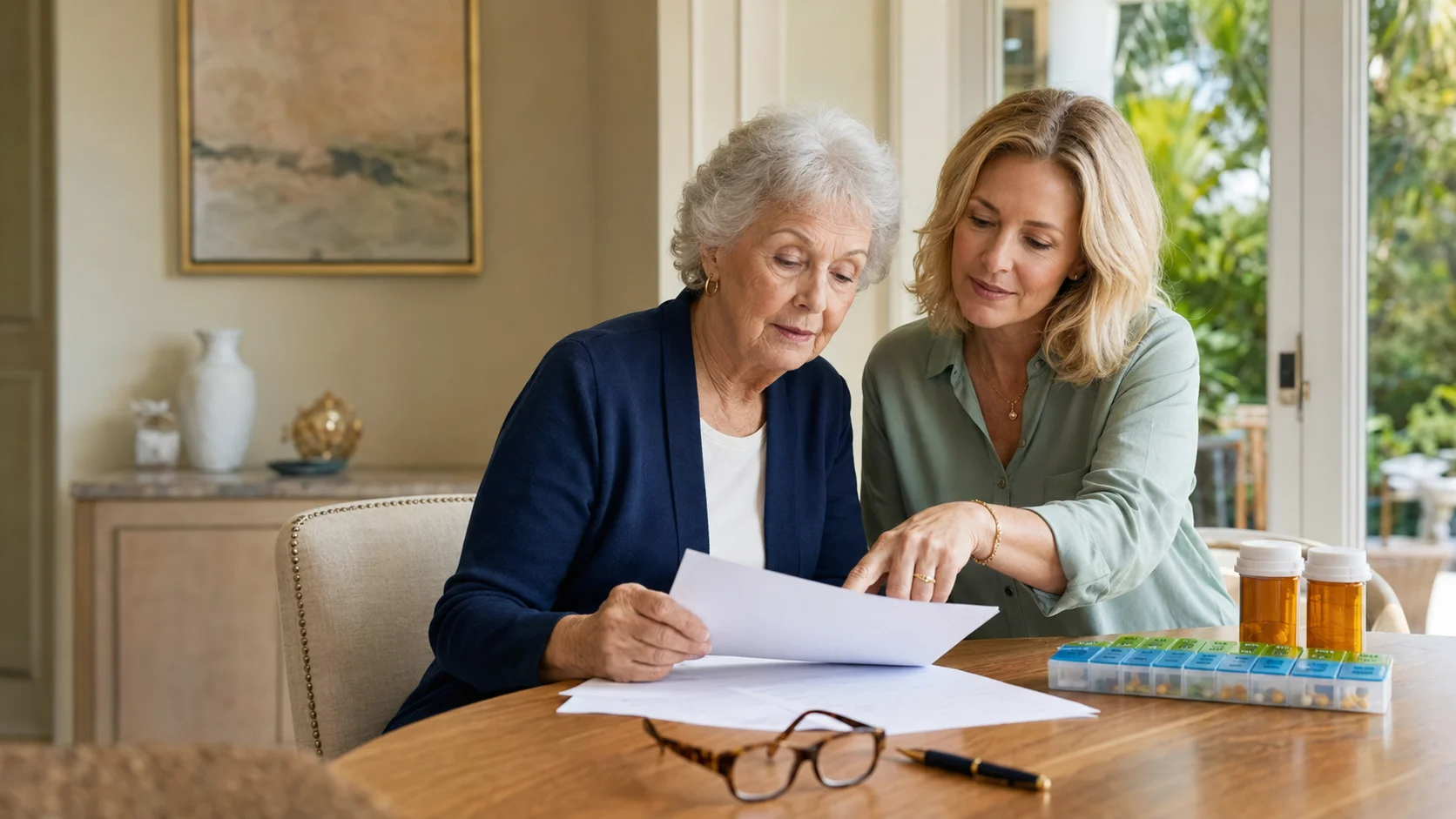 Older woman and her adult daughter reviewing Medicare hospice coverage paperwork and medications