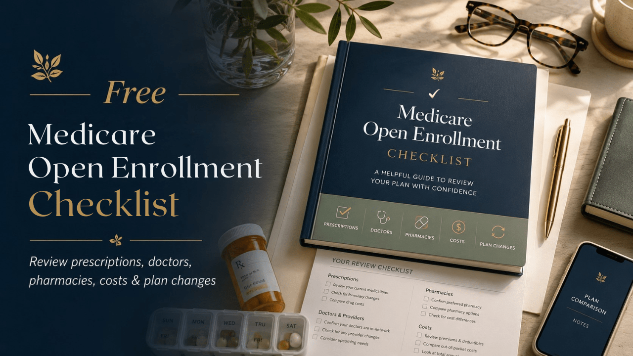 Free Medicare Open Enrollment checklist for reviewing prescriptions, doctors, pharmacies, costs, and plan changes