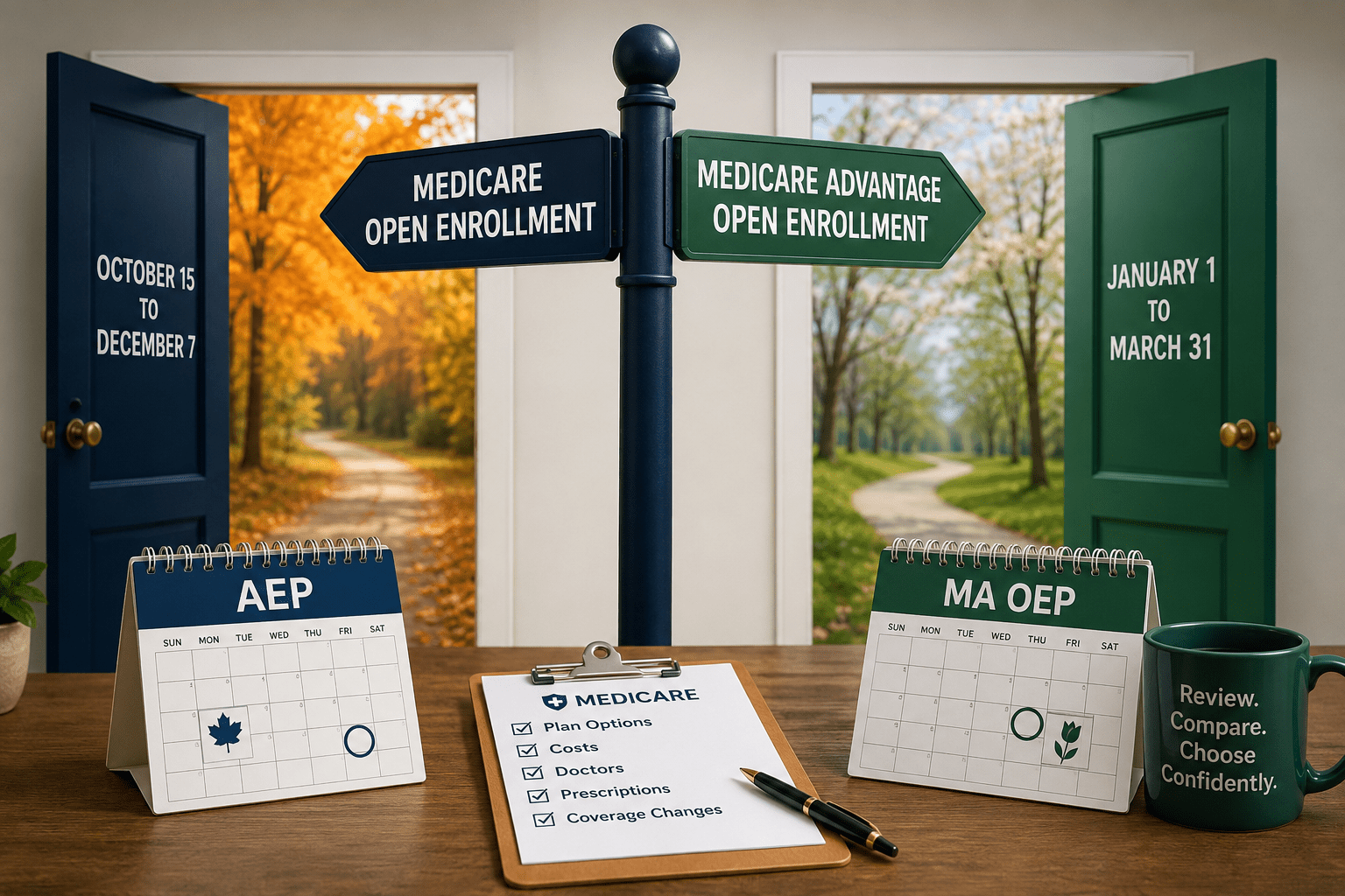 Illustration comparing Medicare Open Enrollment from October 15 to December 7 with Medicare Advantage Open Enrollment from January 1 to March 31.