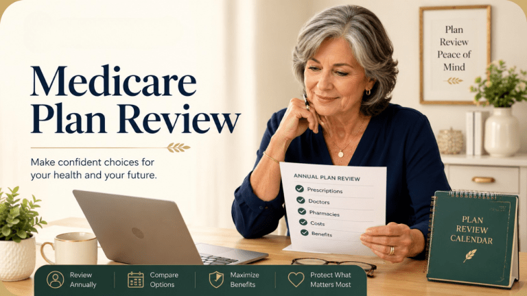 Woman reviewing prescriptions, doctors, pharmacies, costs, and benefits during an annual Medicare plan review.