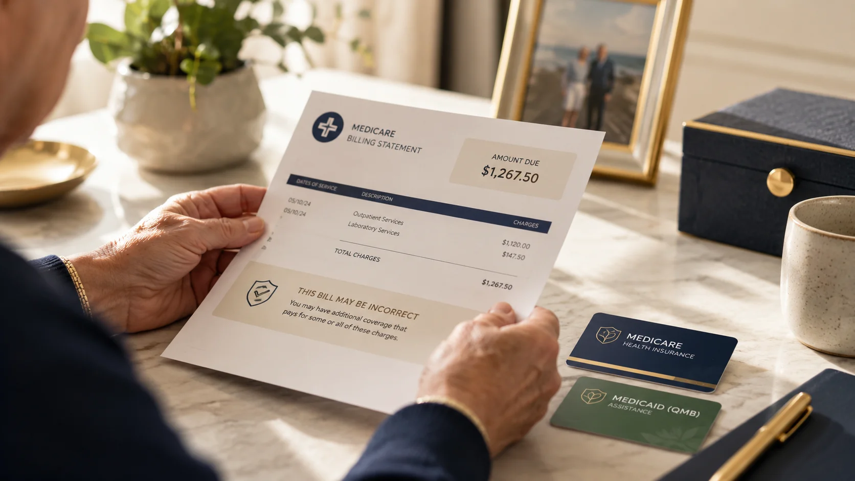 Older adult reviewing a Medicare billing statement with Medicare and Medicaid QMB cards nearby, representing Qualified Medicare Beneficiary Program billing protections.