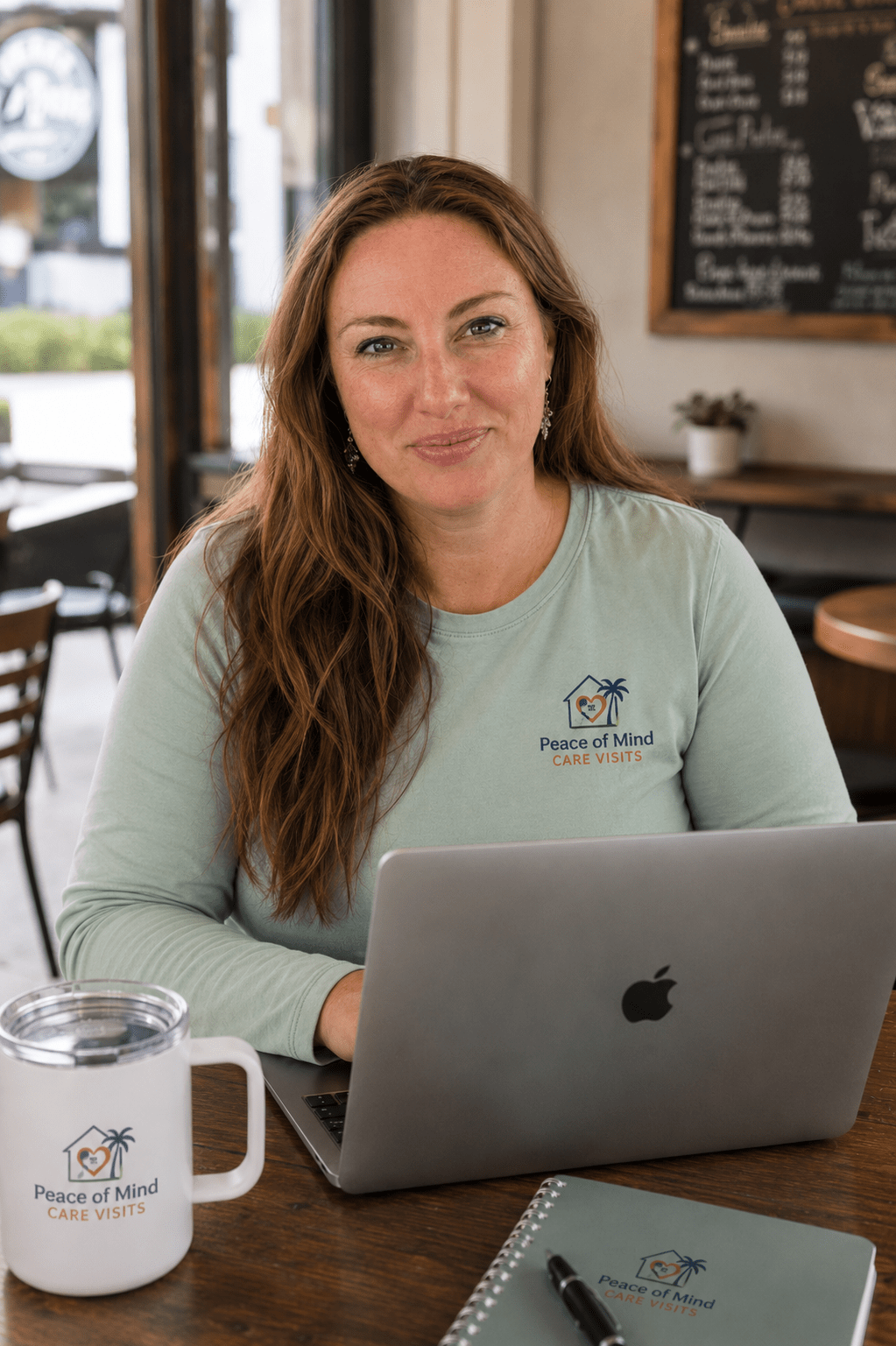 Alison Stohler, founder of Peace of Mind Care Visits, working at a table with her laptop