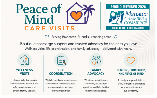 Peace of Mind Care Visits services: wellness visits, life coordination, family advocacy, and comfort, connection and peace of mind