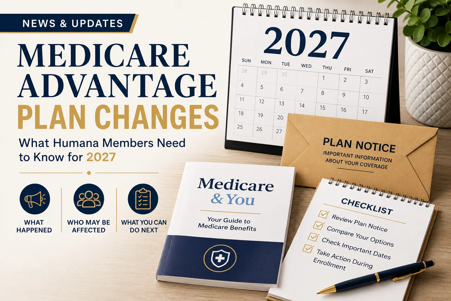 Featured image for a Medicare news article about Humana Medicare Advantage plan changes for 2027, showing a generic 2027 calendar, plan notice envelope, Medicare guide, and checklist for beneficiaries reviewing their coverage options.