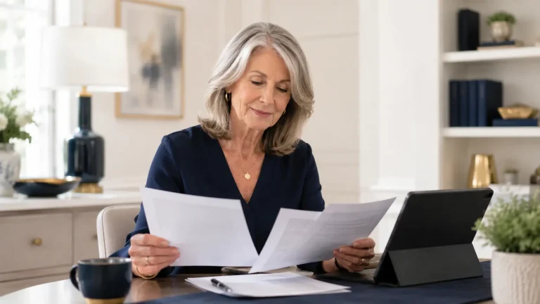 Woman reviewing Medicare Advantage coverage information at a table.