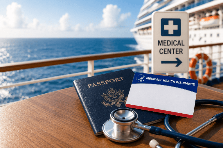 Medicare card, passport and stethoscope on a cruise ship near the medical center