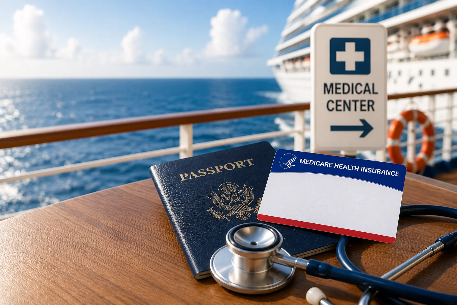 Medicare card, passport and stethoscope on a cruise ship near the medical center