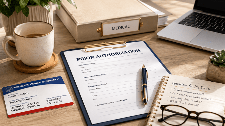 Medicare prior authorization form with Medicare card and questions for a doctor