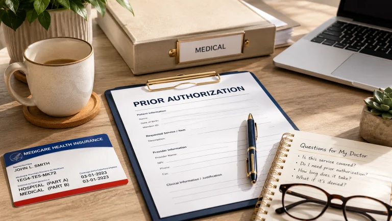 Medicare prior authorization form with Medicare card and questions for a doctor
