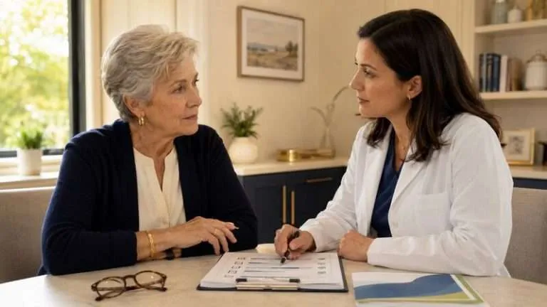 Older woman reviewing a doctor and Medicare plan checklist with a primary-care provider.